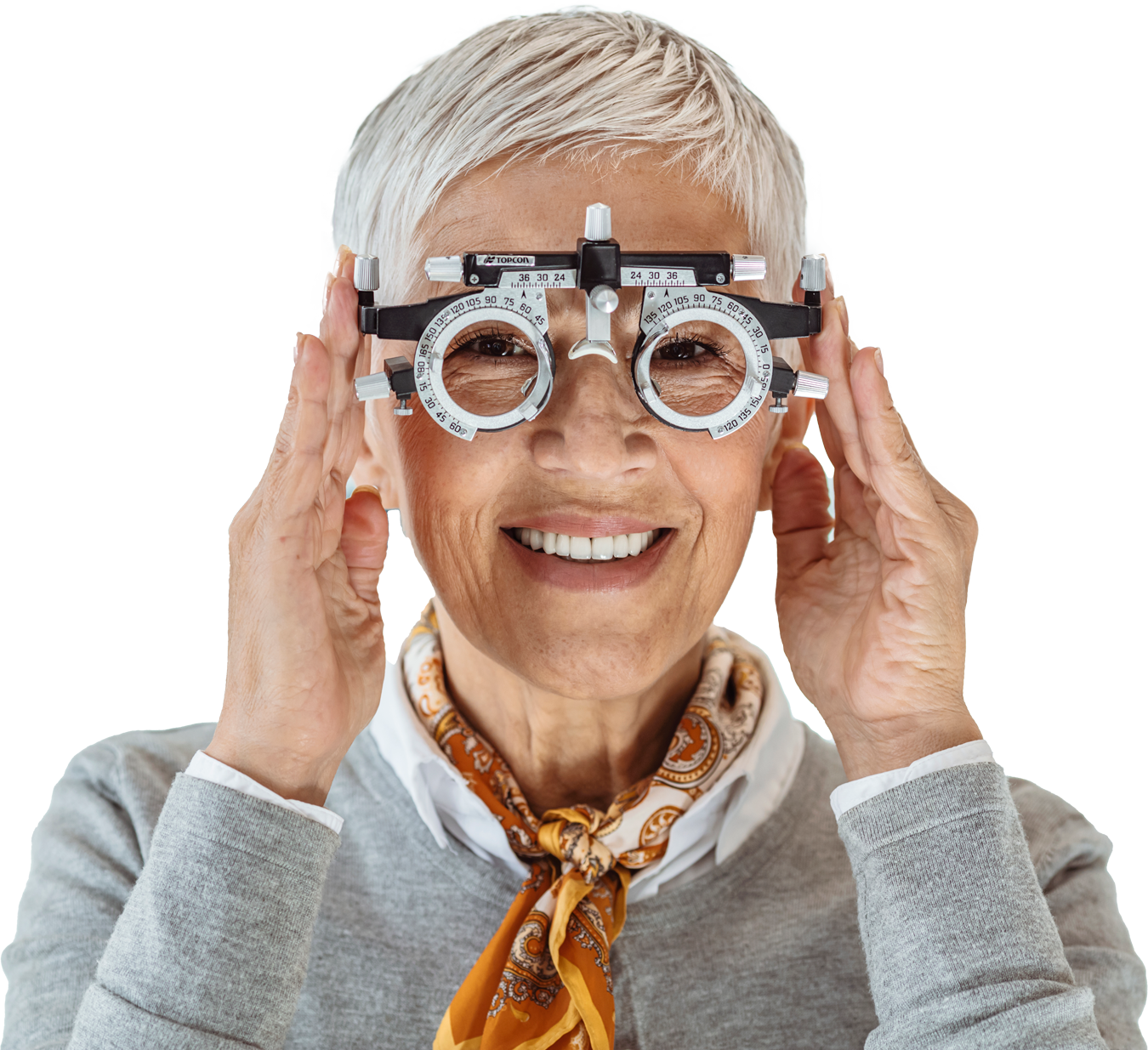 Female looking through eye calibration device