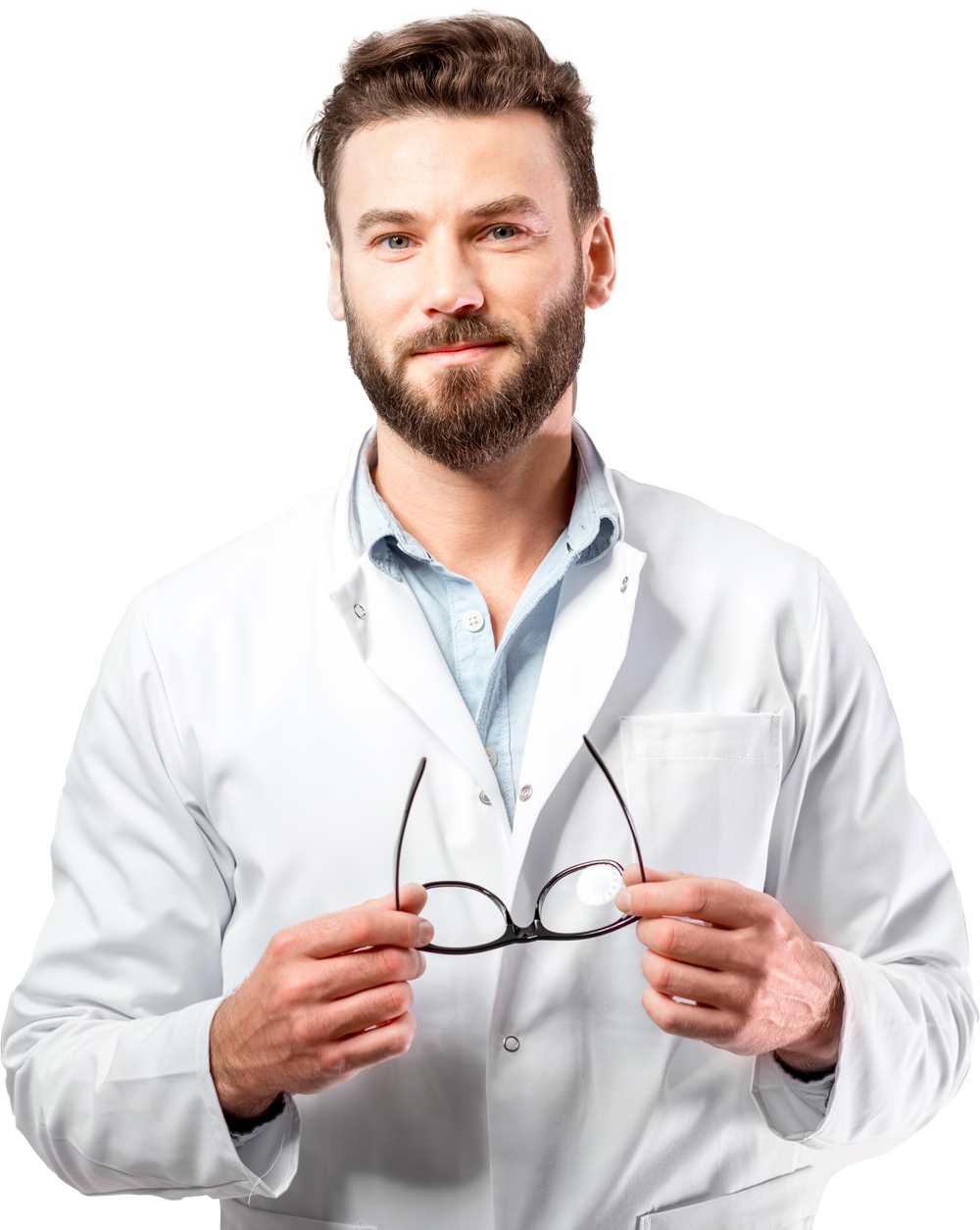 Male optometrist in white labcoat